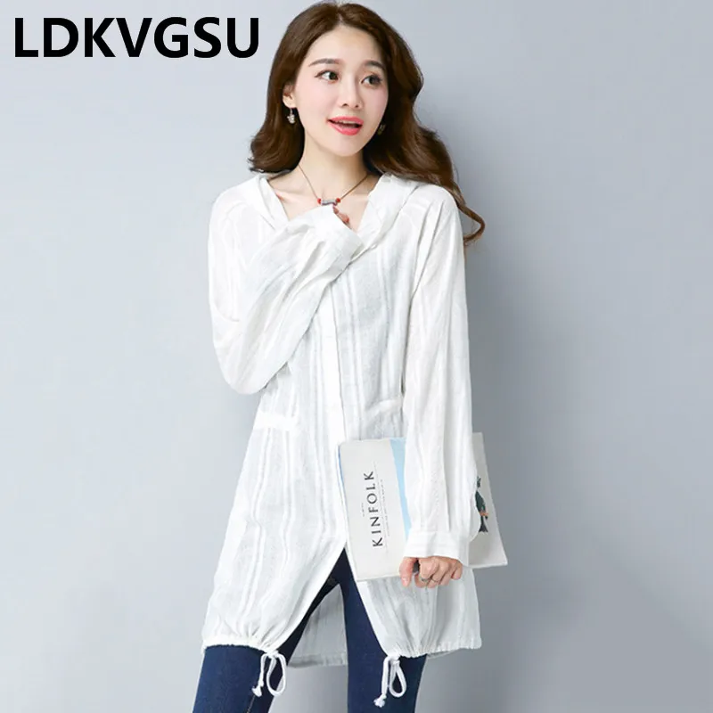 Prix 2018 New Summer Femmes Chemises Mince À Manches Longues Air Conditionné À Long Coton À Capuchon Soleil Protection Vêtements Blouse Femme Is427