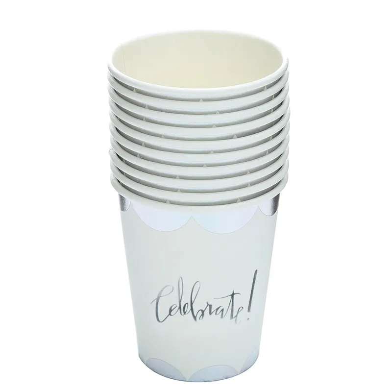 

10pcs/lot Silver Celebrate Paper Cups Disposable Tableware Set Wedding Birthday Decorations Baby Shower For Kids Girls Boys