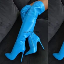 Woman Thigh Boots Sexy Blue Over the Knee Boots Pointed Toe Thin High Heels Boot Catwalking Fashion Shoes Size 35-45 2019 New цена Woman Thigh Boots Sexy Blue Over the Knee Boots Pointed Toe Thin High Heels Boot Catwalking Fashion Shoes Size 35-45 2019 New цены онлайн
