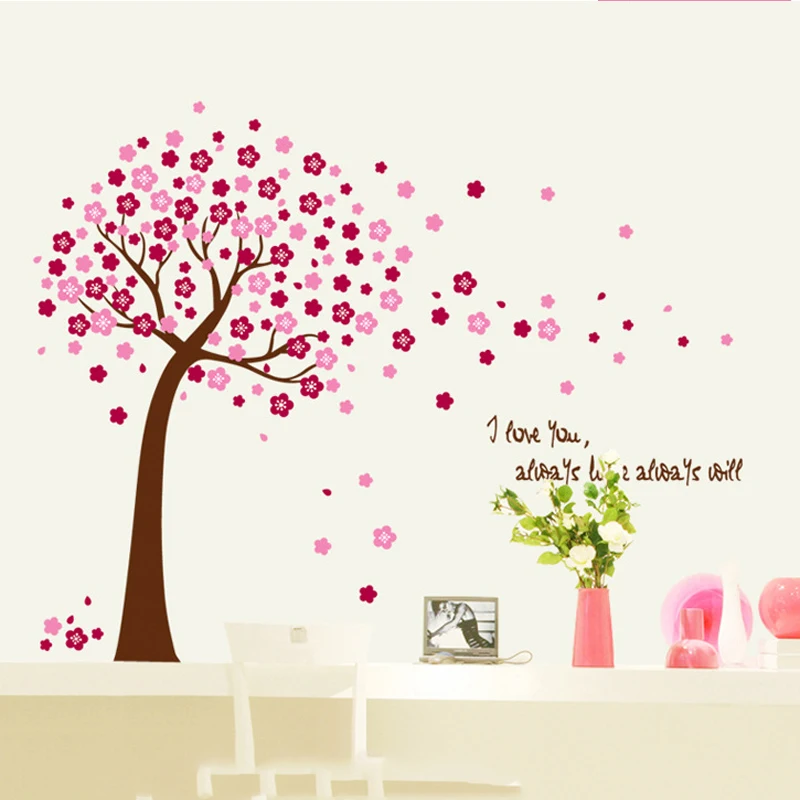 Lovely pink tree wall stickers removable living room wall decals home decoration wall pcitures