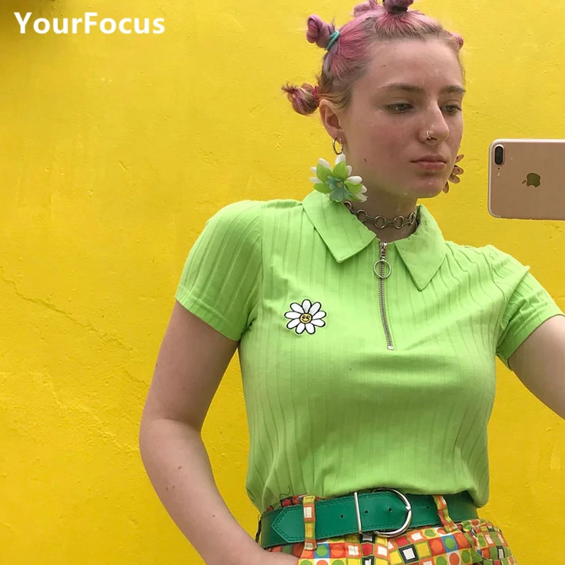 

summer 2018 cute kawaii vintage chic fresh green Daisy embroidered polo shirt short sleeve tshirt women tight tops