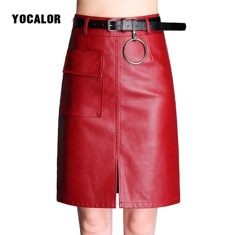 PU Leather Skirts Womens Midi High Waist Black RED Skirt A Line Sexy
