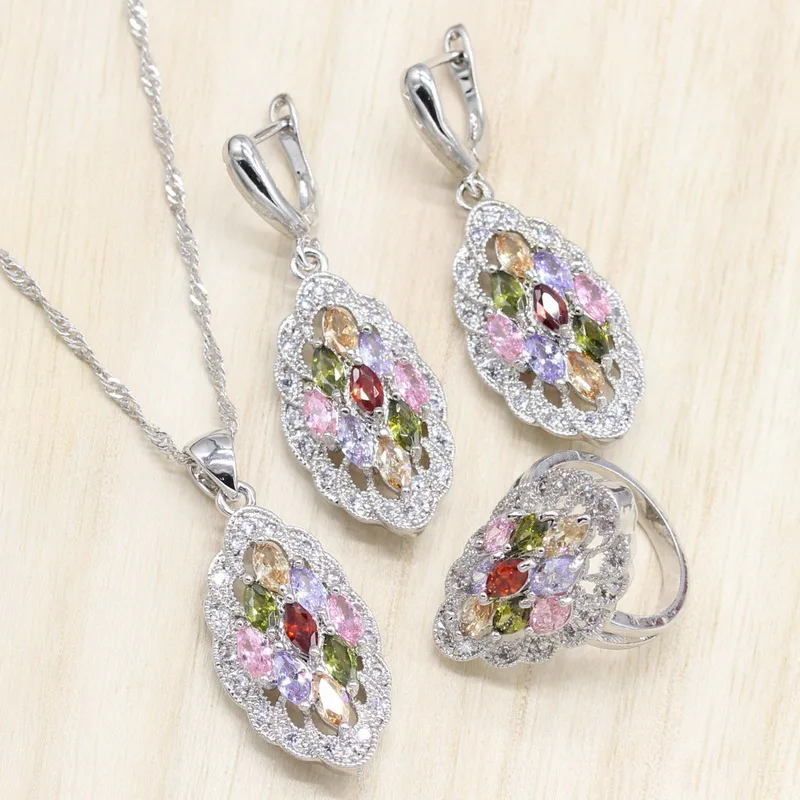 Волшебные разноцветные камни 925 серебряные Свадебные Ювелирные наборы для женщин ожерелье Браслеты кулон кольца серьги ювелирные изделия подарочная коробка