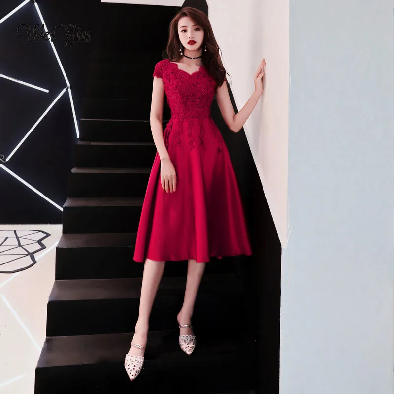Weiyin Новое Вечернее платье с аппликацией прямые цвет красного вина Цвет кружева короткое вечерние платья для выпускного вечера WY741