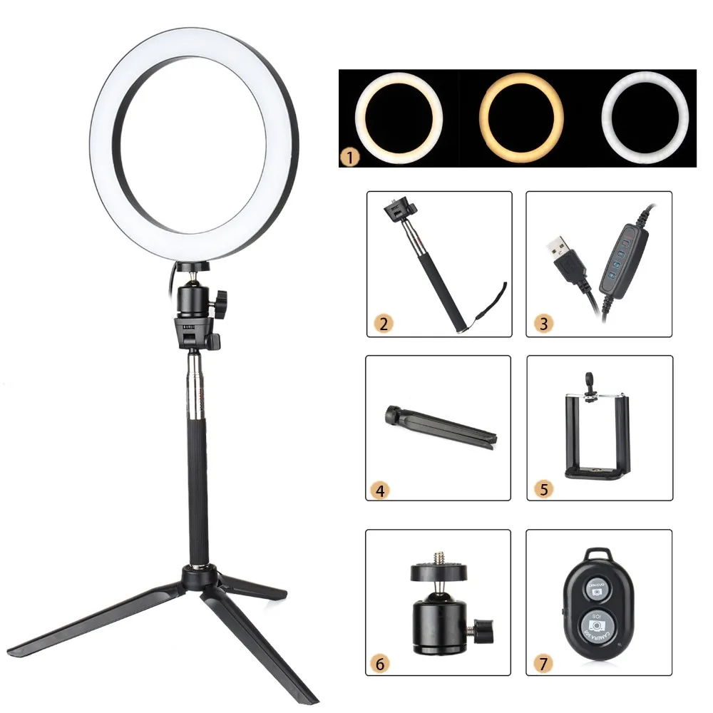

Dimmable LED Selfie Ring Light Youtube Video Live 3500-5500k Photo Studio Light With Phone Holder USB Plug Tripod