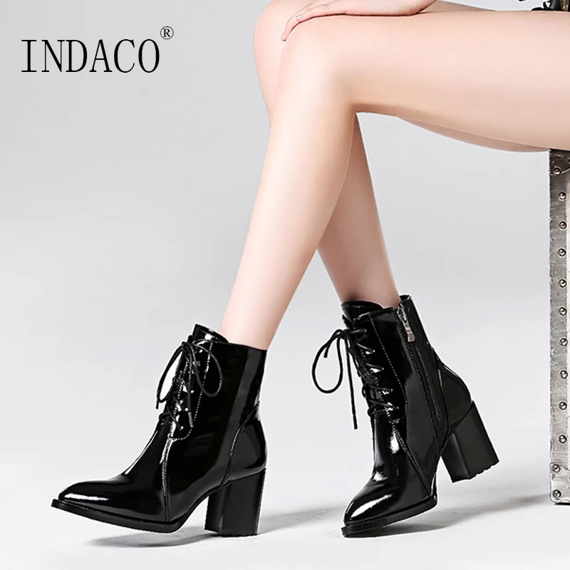 

Chelsea Boot Women Leather Black 2018 New Lace Up Thick High Heel Riding Martin Boots 7cm
