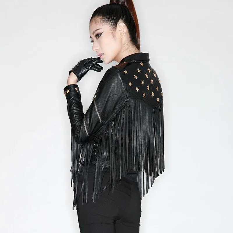 discounted  Spring Jacket Women Personality Long Tassel Rivets PU Leather Short Motorcycle Leather Jacket Black