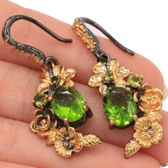 

Sublime Antique Vintage Green Peridot Flower Woman's Gift Silver Earrings 42x16mm