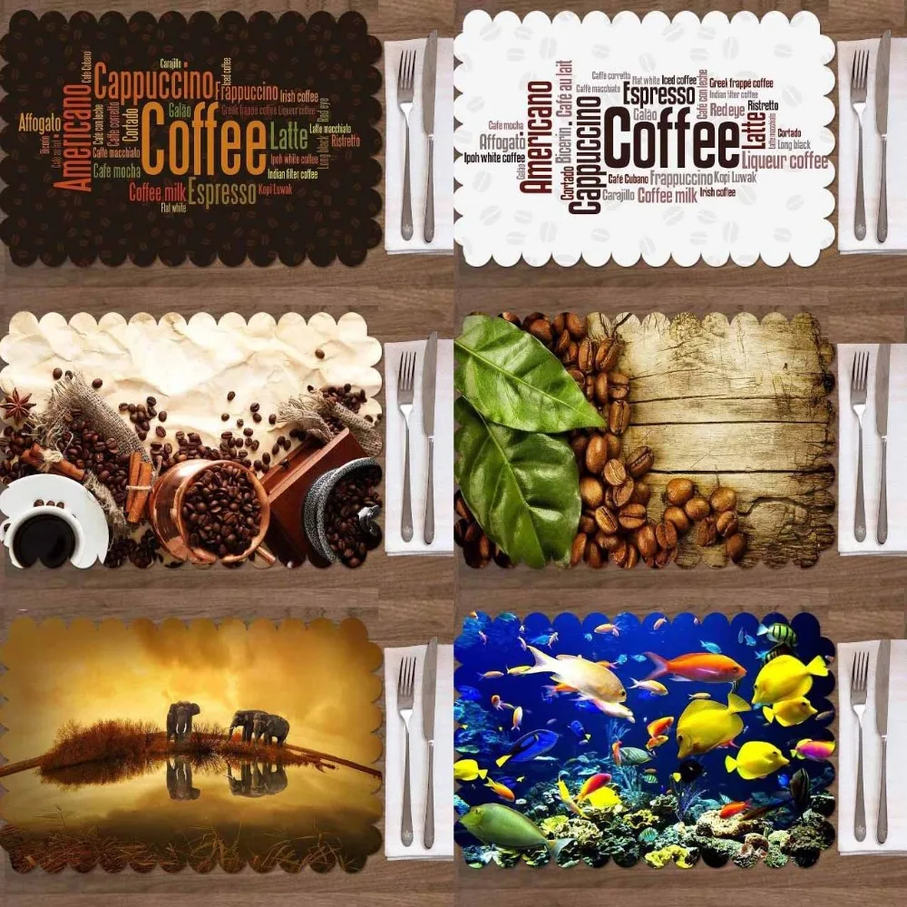 

Else 4PCS Brown Coffee Writen African Elephant Washable Print Fabric Place Table mats for Dining Room Kitchen Table Napkins Set