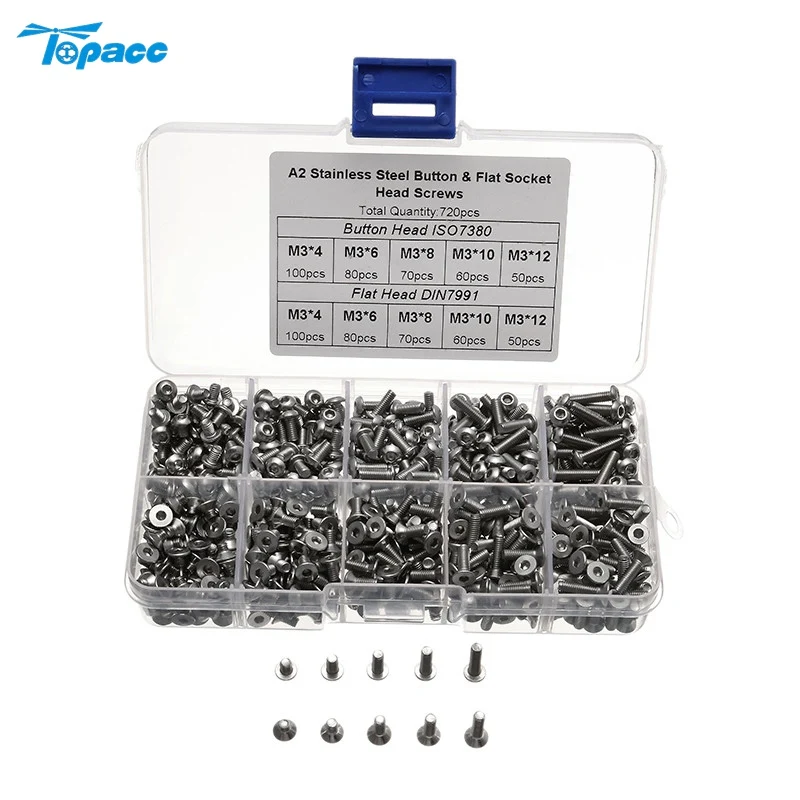 

High Quality 720pcs Stainless Steel M3 Button Flat Socket Head Screws Set Hex Socket Cap Screw Bolt for Repairing Soldering Part