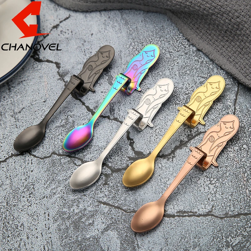 

CHANOVEL 1Pcs 304 Stainless Steel Mermaid Spoon Creative Coffee Spoon Ice Cream Candy Teaspoon Kitchen Colorful Tableware