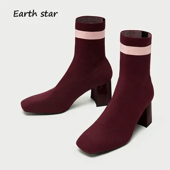 

EARTH STAR Autumn 2018 New Casual Shoes Women Fashion knitting Boots Lady Ankle Boots Cross-tied Winter footware Warm Striped