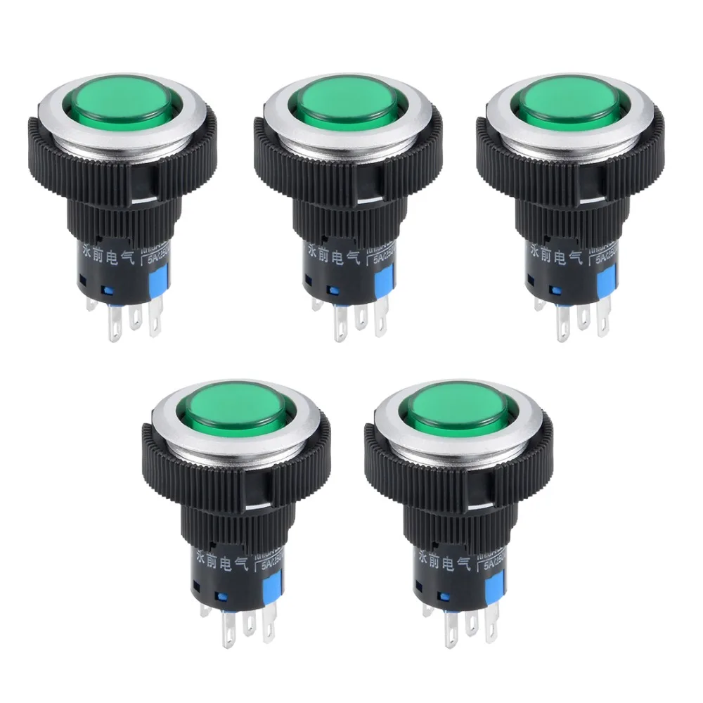 

UXCELL 5Pcs 22mm Momentary Push Button Switches Green LED Light Round Button With Fixed Ring Switch Supplies 1 NO 1 NC Light 24V