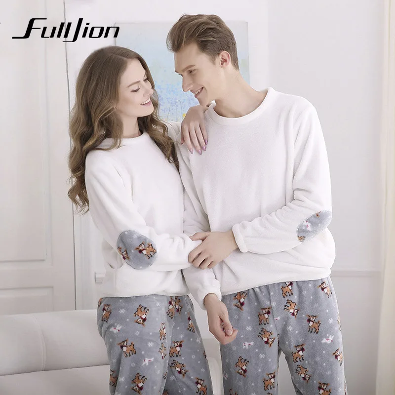 Fulljion Autumn Winter Flannel Couple Pajamas set Round Collar Thicken