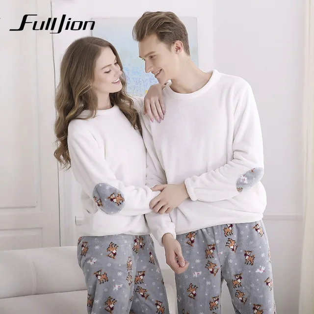 Fulljion Autumn Winter Flannel Couple Pajamas set Round Collar Thicken