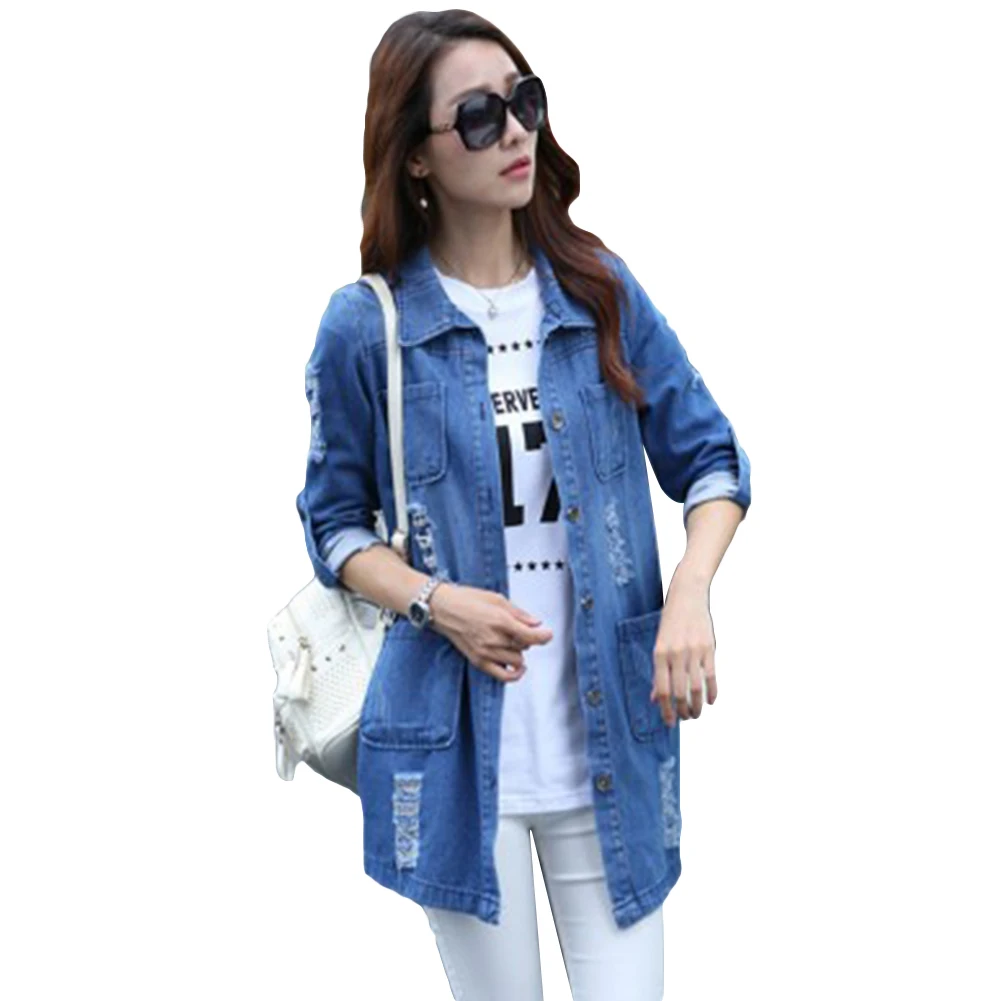 Loose Casual Md long Denim Cardigan Ripped Turndown Collar font b Women b font Overcoat font