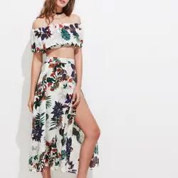 Модные, пикантные Для женщин цветок лист с открытыми плечами разрез длинная юбка комплект одежды