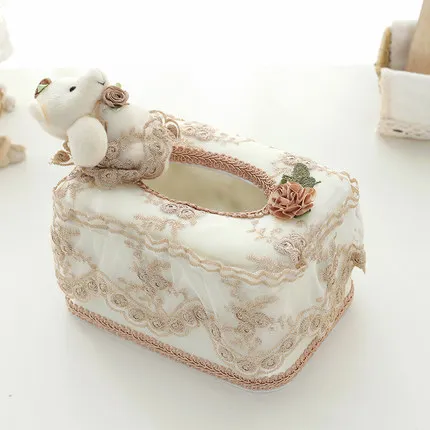 European Bear Cloth Fabric Lace Tissue Box Garden Creative Restaurant Living Room Desktop Paper Towel Storage Box Home Decor - Цвет: H  18cm