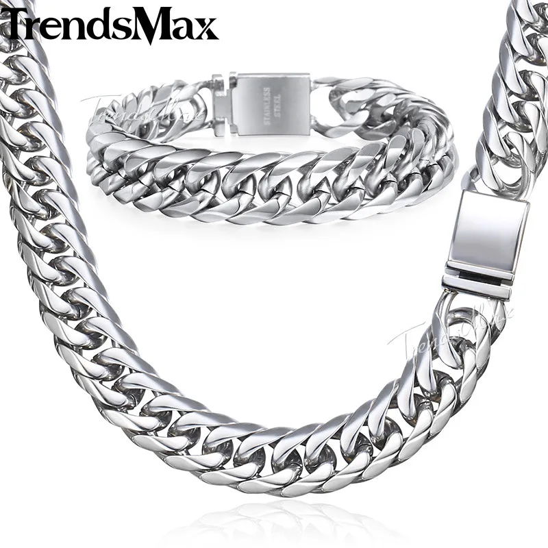 Trendsmax, хип-хоп, Iced Out, проложенные Стразы, кубинская цепочка, мужское ожерелье, браслет из нержавеющей стали 316L, золото, серебро, 16 мм, KHSM04