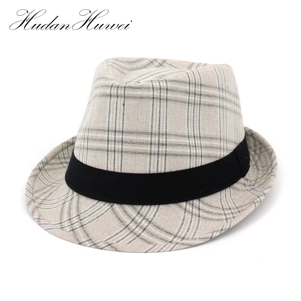 2018 Gentlemen Classic Jazz Hat For Men Linen Cotton Plaid Print With
