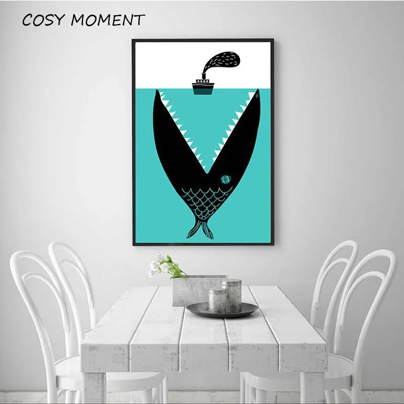 

COSY MOMENT Cartoon Bansky Graffiti Art Painting Shark Boat Sea Canvas Painting Poster Wall Picture For Living Room Baby Room