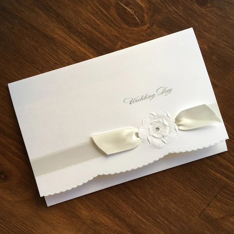 

L002 Elegant Wedding Invitation card classic desing while color with satin bow, 10 pcs per pack.