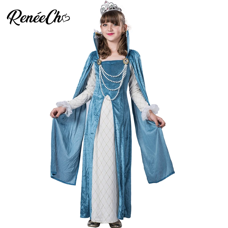 Детский костюм принцессы с жемчугом для костюмированной вечеринки; костюм принцессы для девочек в средневековом стиле; Детский костюм на Хеллоуин; длинное голубое платье для дня рождения