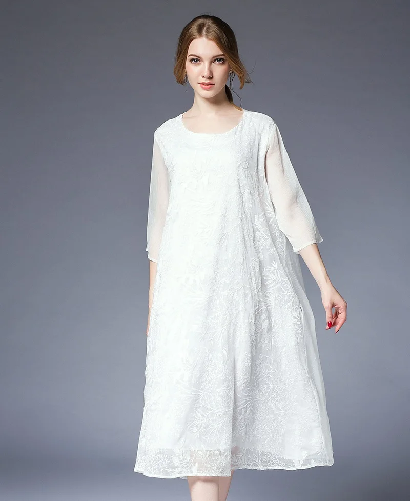 Новинка, летнее модное женское шелковое длинное платье с вышивкой, удобное свободное элегантное платье размера плюс, Повседневное платье vestidos XL-XXXXL - Цвет: Белый