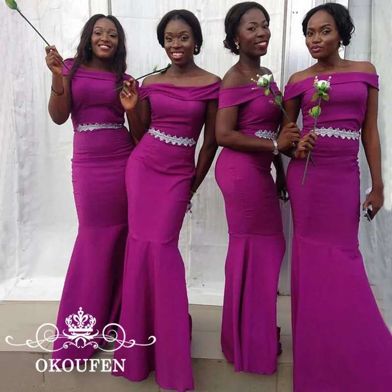 

African Women Mermaid Bridesmaid Dresses 2018 White Waist Decoration Long Purple Satin Maid Of Honor Dress For Wedding Party