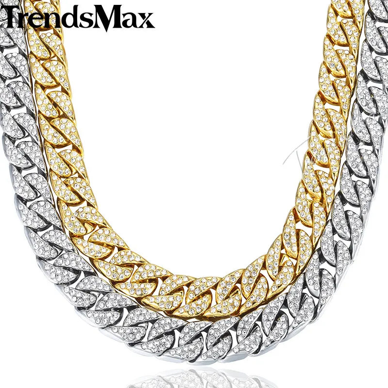 14mm Miami Curb Cuban Chain Necklace For Men Gold Silver Hip Hop Iced Out Paved Rhinestones CZ Rapper Necklace Jewelry GN432