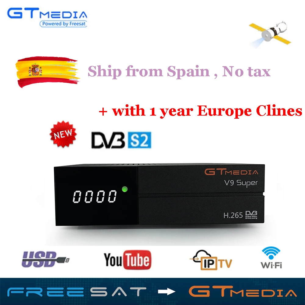 

GTMedia V9 Super Full HD Satellite Receiver Upgrade From V8 Super Decoder Support DVB-S2 H.265 Built-in WiFi + 1 year cline