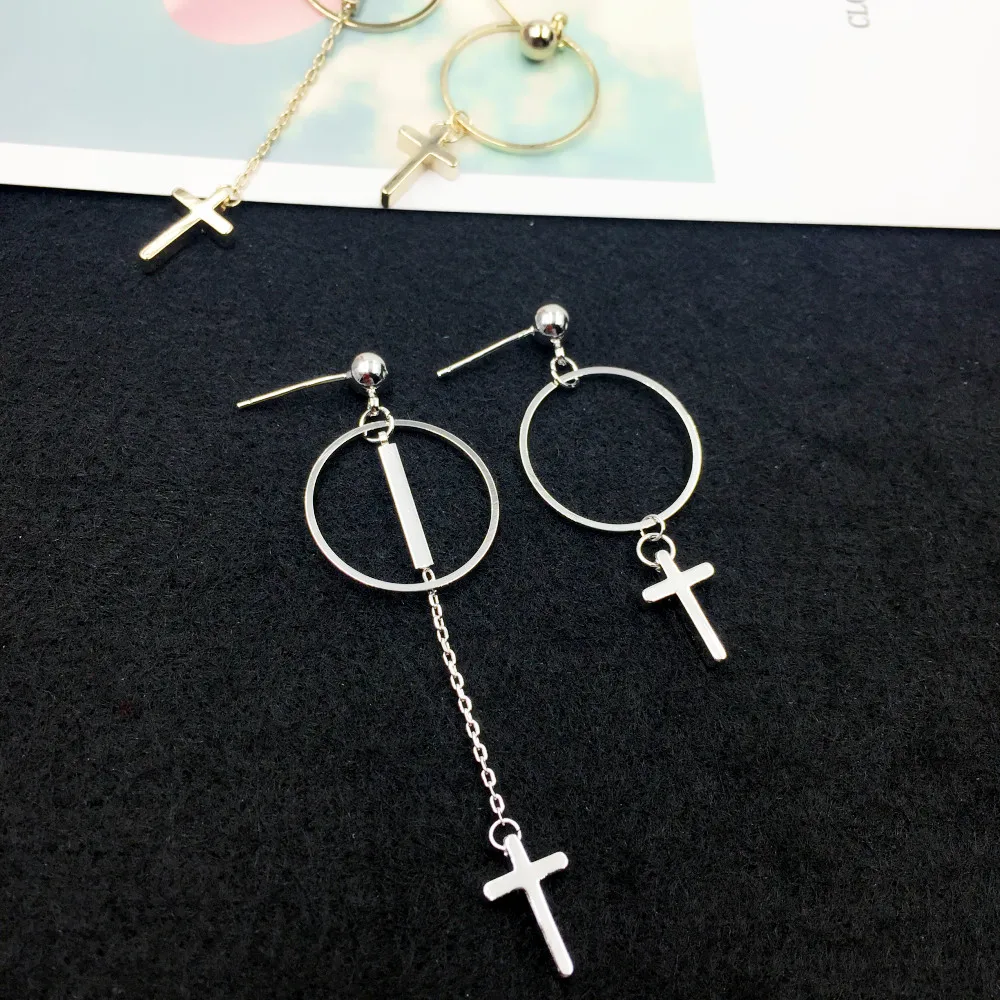 

New Fashion Asymmetric Cross Drop Earrings for Women Girl 925 Sterling Silver Needle Circle Long Dangle Earring Jewlery Wedding