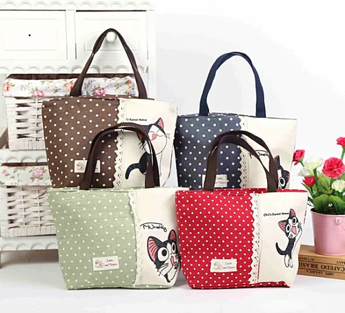

New Cute Cat Print Canvas Lace Handbag Shopping Bag Lunch Bag Tote Bag Purse