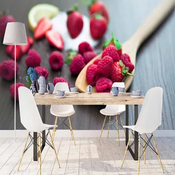 

Else Gray Wood Spoon on Raspberry Fruits 3d Print Photo Cleanable Fabric Mural Home Decor Kitchen Background Wallpaper