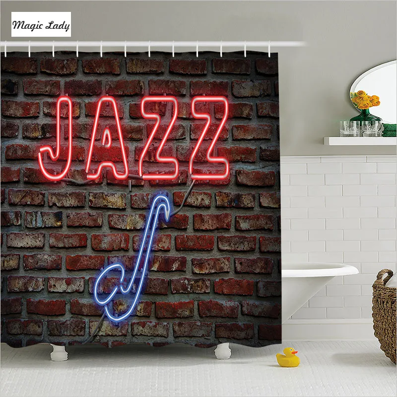 Shower Curtain Bathroom Accessories Retro Jazz Music Neon Lights Art Saxophone Brick Wall Brown