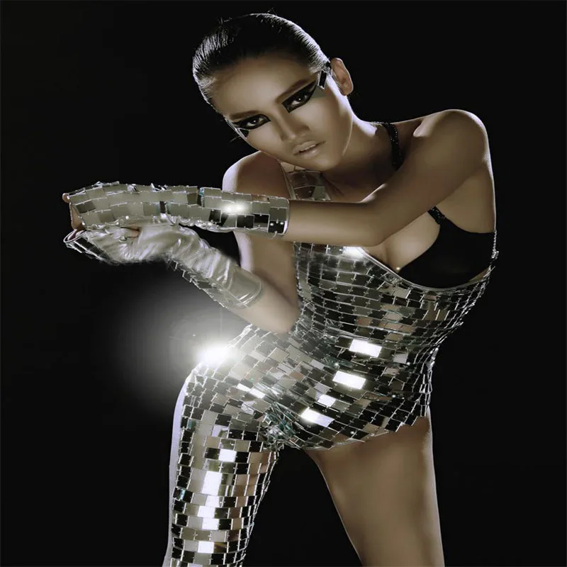 

Sexy Female Singer Sequin Bodysuits ds Lens Oblique Silver Star Strass Mirror Costume Women Performance Dance Bodysuit Wear