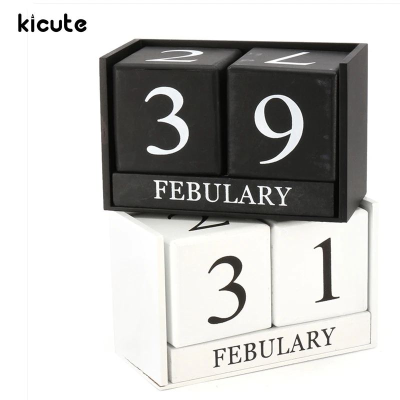 

Kicute European Perpetual Wooden Calendar Desktop Block Wood Calendar DIY Yearly Planner Pen Holder Desk Office Stationery