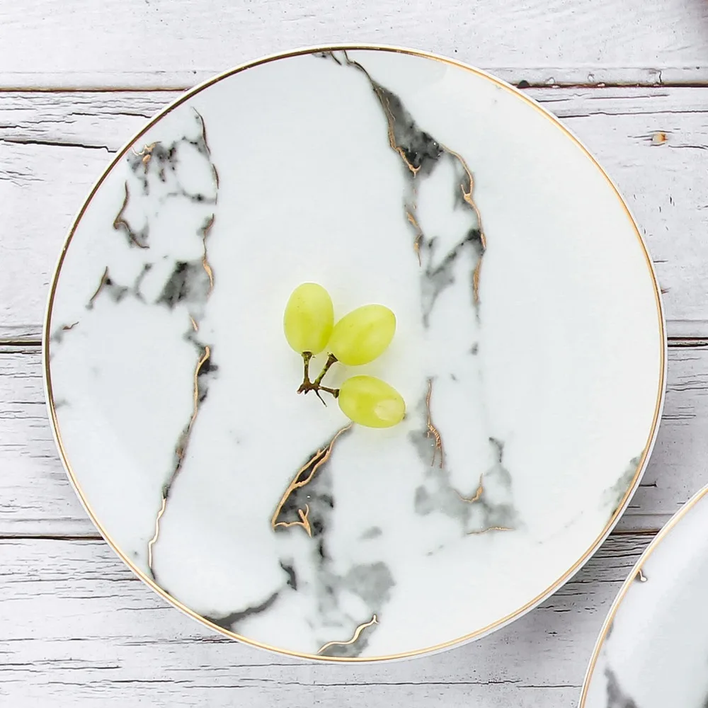 Skup W europie 4 sztuk marmuru ceramicznych okrągły złoty wkładka kości talerz chiński stek deser talerze porcelanowe naczynia domowe naczynia kuchenne zestaw