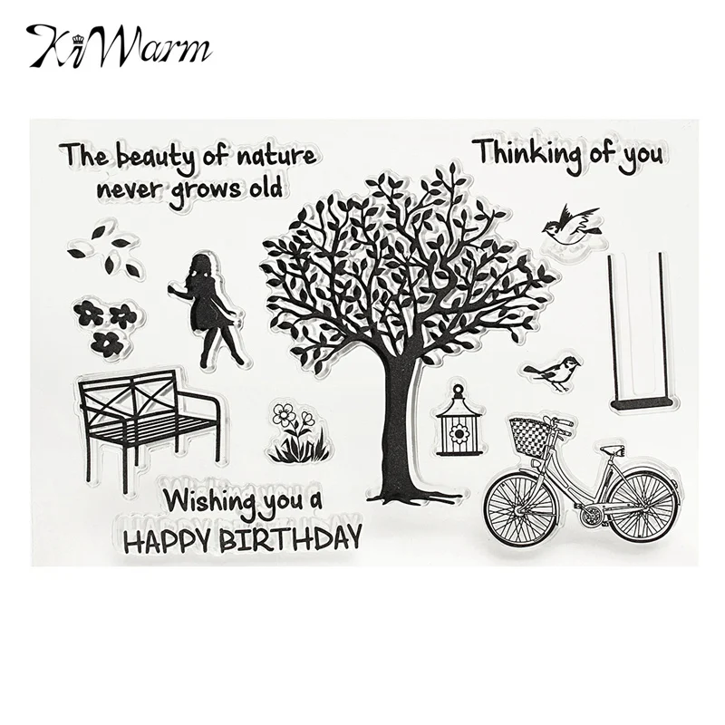 

KiWarm Retro Girl Bike Tree Silicone Transparent Rubber Stamp For Scrapbooking Clear Sheet DIY Decor Stamping Home Craft
