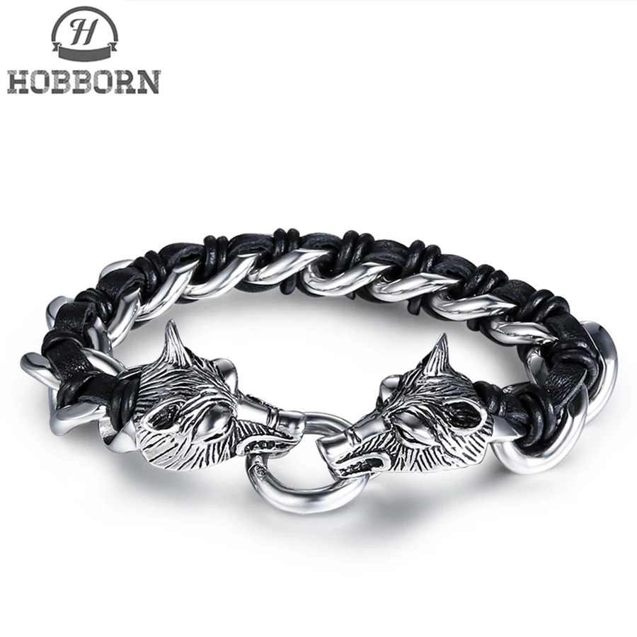 

HOBBORN Punk Wolf Head Bracelet Men Titanium Steel Skull Head Charm Bracelets & Bangles Religious Totem Bangle Mens Jewelry Gift