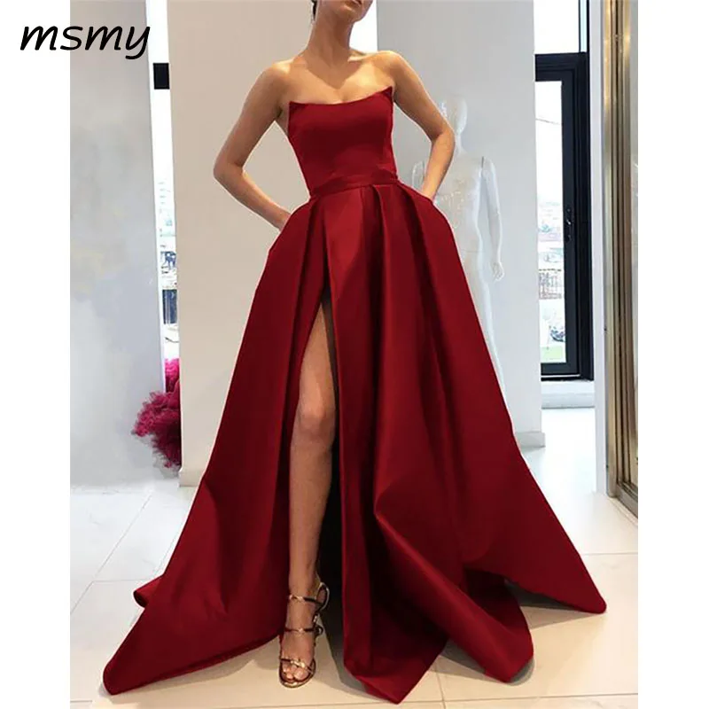 Royal Blue Prom Dresses Long 2019 Satin Strapless Evening Gowns With Slit--