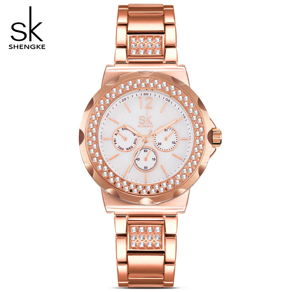 SK Rose Gold Classic Round Crystals Watch For Women Watches Ladies Quartz Analog Clock Watch Women