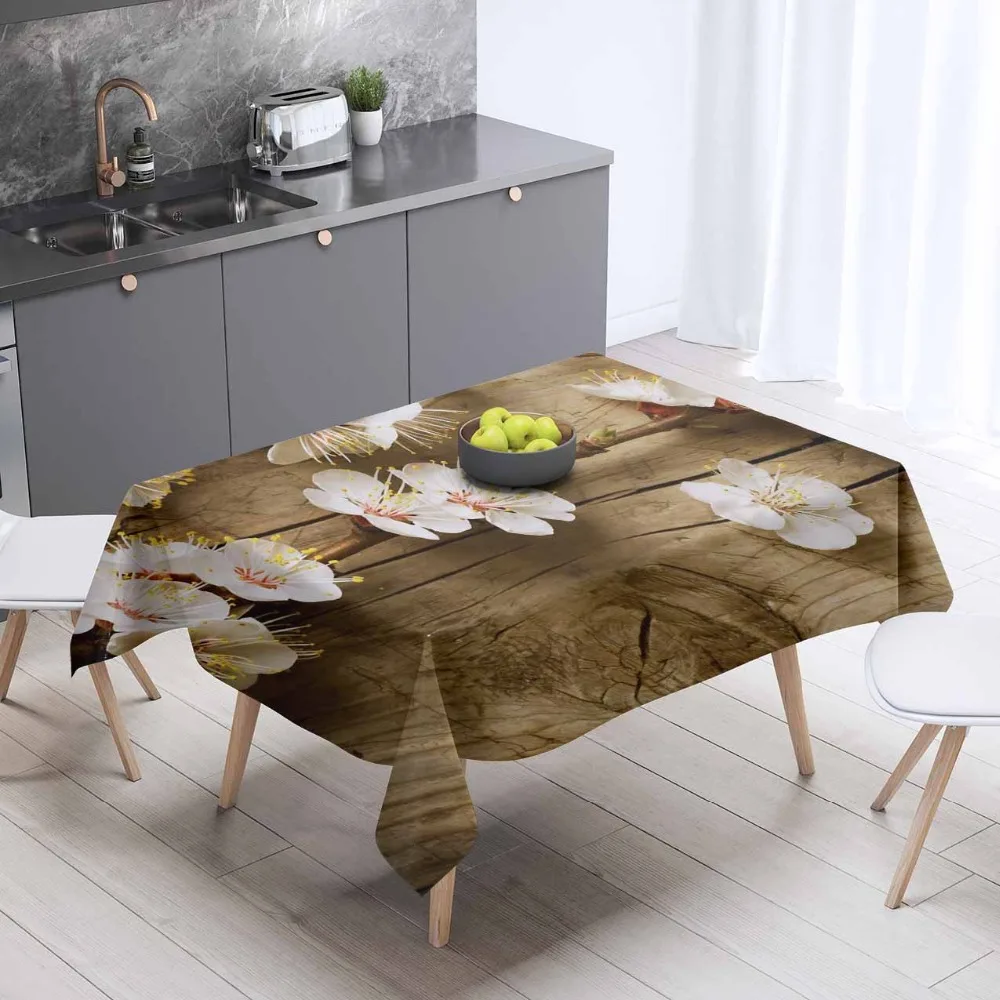 

Else Brown Wooden Aging White Flowers 3d Print Washable Dustproof Thicken Cotton Cloth Rectangular Square Kitchen Tablecloth
