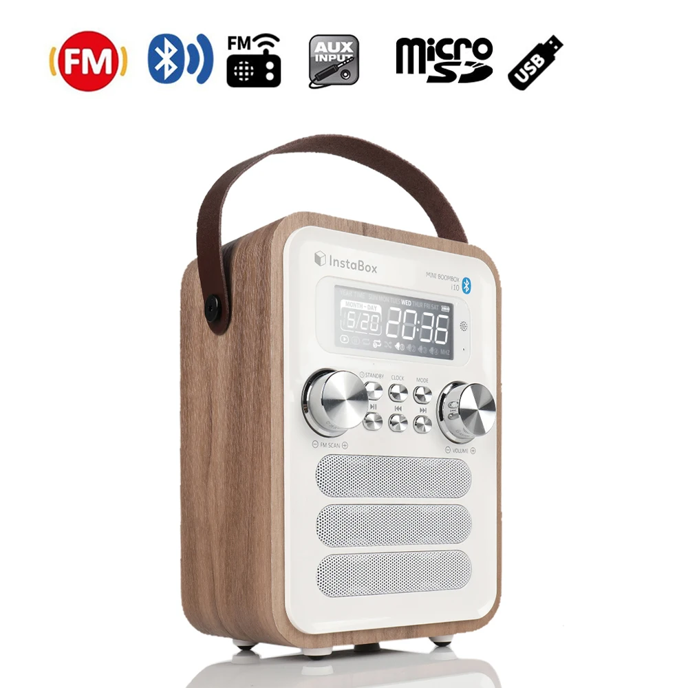 

InstaBox i10 Digital FM Radio Multi-Functional MP3 Player Wooden Clock Radio Handle Portable Retro Bluetooth Speaker Micro SD/TF