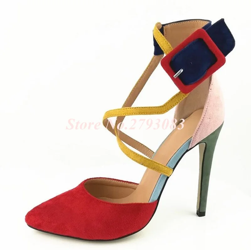 Real-Photo-Patchwork-Women-Sandals-2019-Red-Pink-Yellow-Suede-Leather-Buckle-Ankle-Strap-Thin-Heels (2)