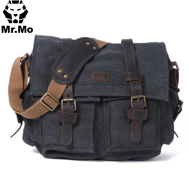 

Luxury Cowboy Leather Shoulder Side Bag Men Satchel Waterproof Waxed Canvas Bags with Side Pockets SLR Camera Courier Briefcase