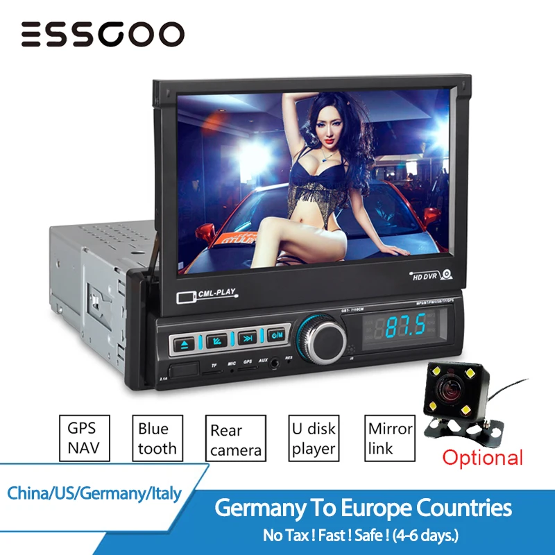 

ESSGOO 7" Car Radio 1 Din Autoradio Bluetooth GPS Car Multimedia MP5 Player Retractable Touch Screen AUX MP3 FM USB Rear Camera