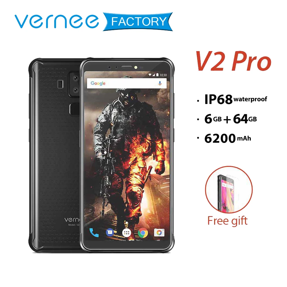 

Vernee V2 Pro IP68 Waterdichte Smartphone 5.99 "FHD Gezicht ID Wereldwijde Netwerk 6 gb 64 gb Vier Cam NFC 6200 mah Android 8.1