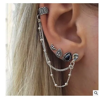 

4pcs/set New Antique Ethnic Style Water Drop Crown Shape Water Droplets Chain Stud Earrings For Women Ear Cuff With Chain