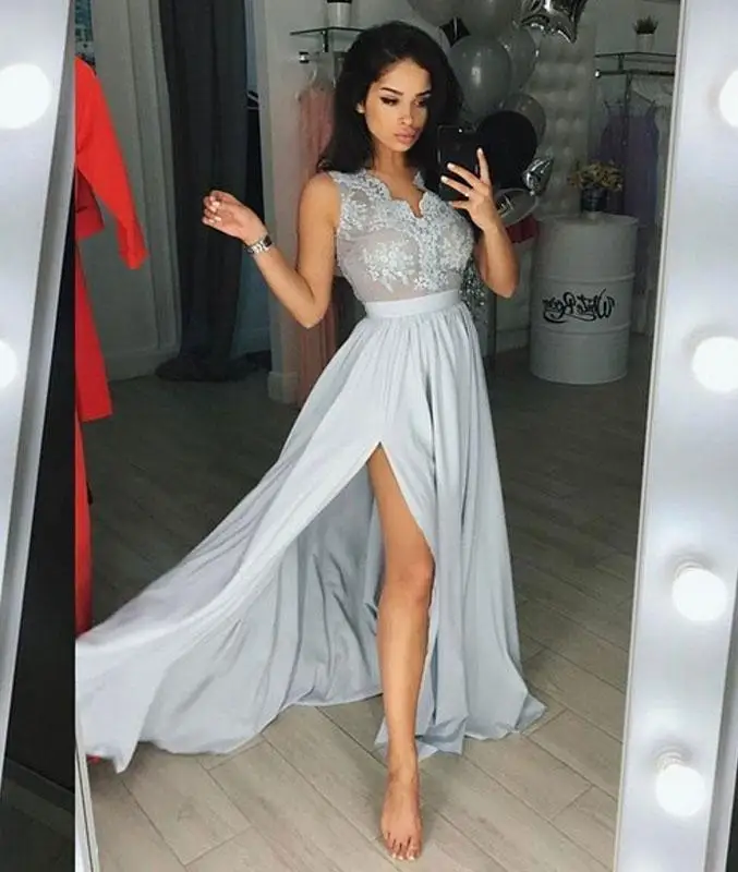 

Gray v neck Chiffon Lace long Bridesmaid Dresses Wedding Party Dresses Cheap Bridesmaid Dresses